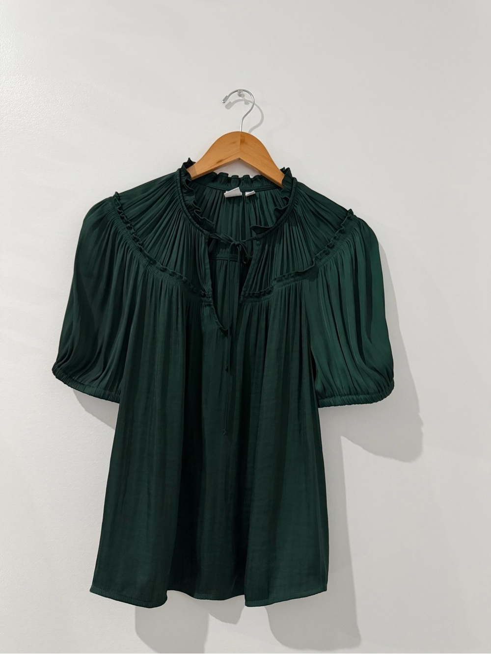 GAP Emerald Green Pleated Yoke Tie-Neck Blouse